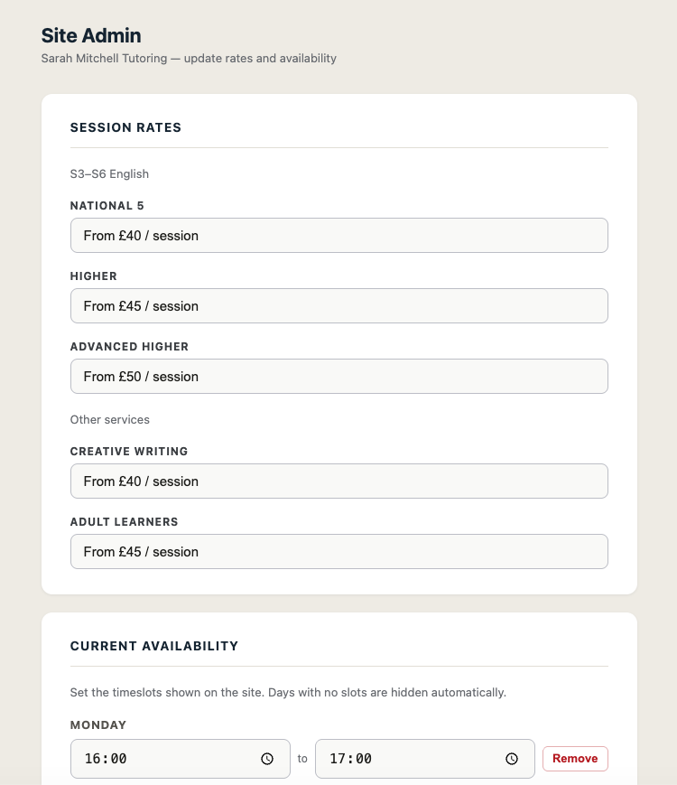 Simple admin page showing editable session rates and availability slots